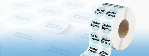 Banner with Sticker Express stickers and a roll of custom printed stickers.