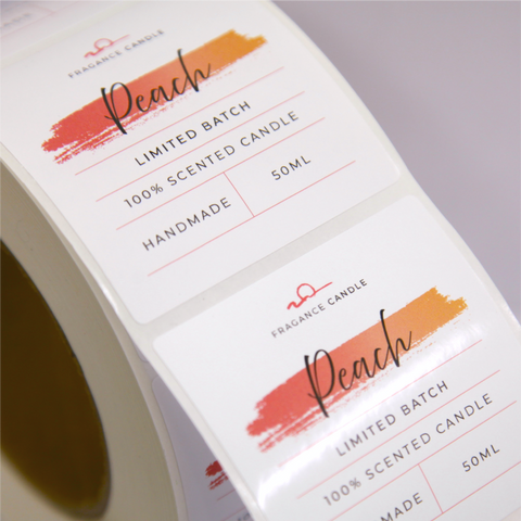Beautiful custom printed square sticker for handmade peach scented candle.