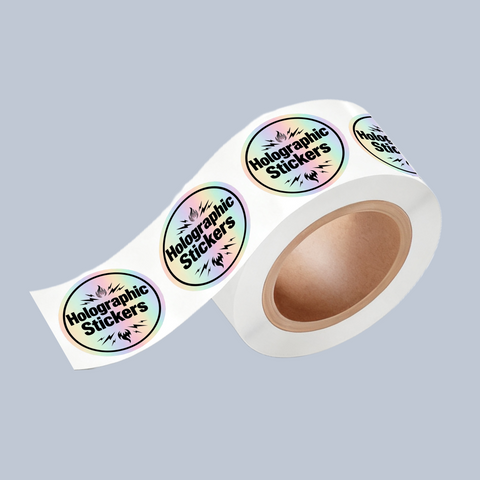 Roll of holographic circle stickers on a pale blue background.