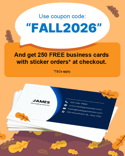 Pile of business cards on a pile of fallen autumn leaves with a coupon code "FALL2026". 