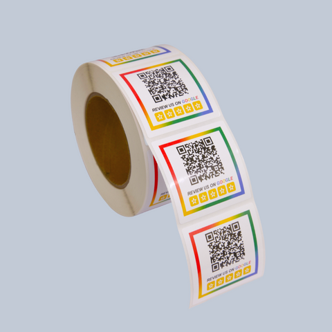 Custom printed square Google review sticker with QR code and gradient border.